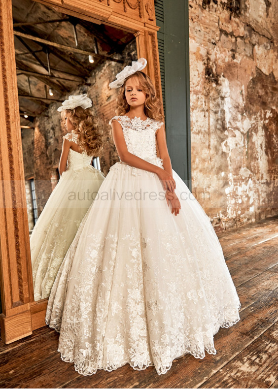 Cap Sleeves Beaded Ivory Lace Tulle Flower Girl Dress